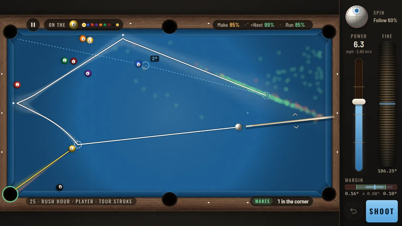 Aiming in Player mode: the cue ball's path, the landing cloud and the make %