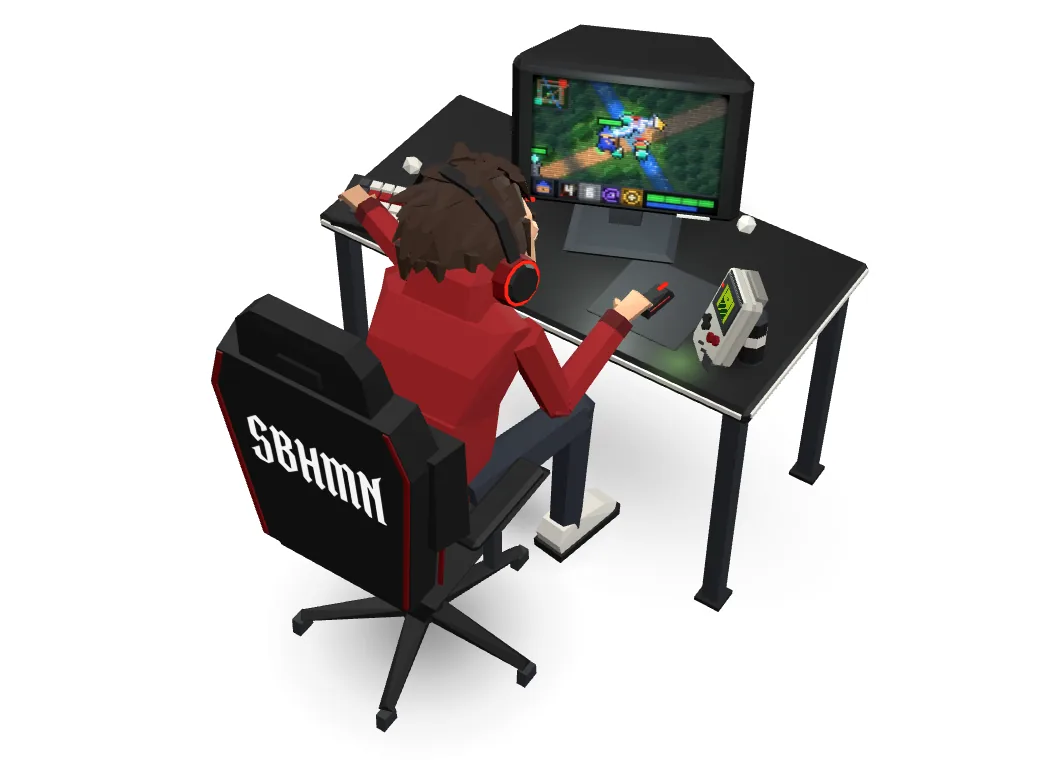 A kid in an SBHMN gaming chair, deep in a game, his Game Boy by his hand